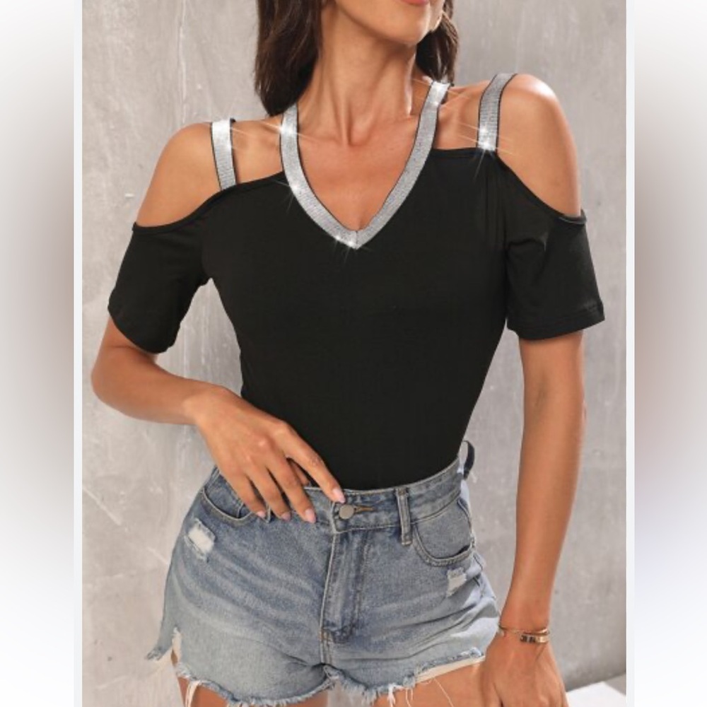 Large Sparkle Open Shoulder Top SHEIN Clasi Contrast Tape Cold Shoulder Tee